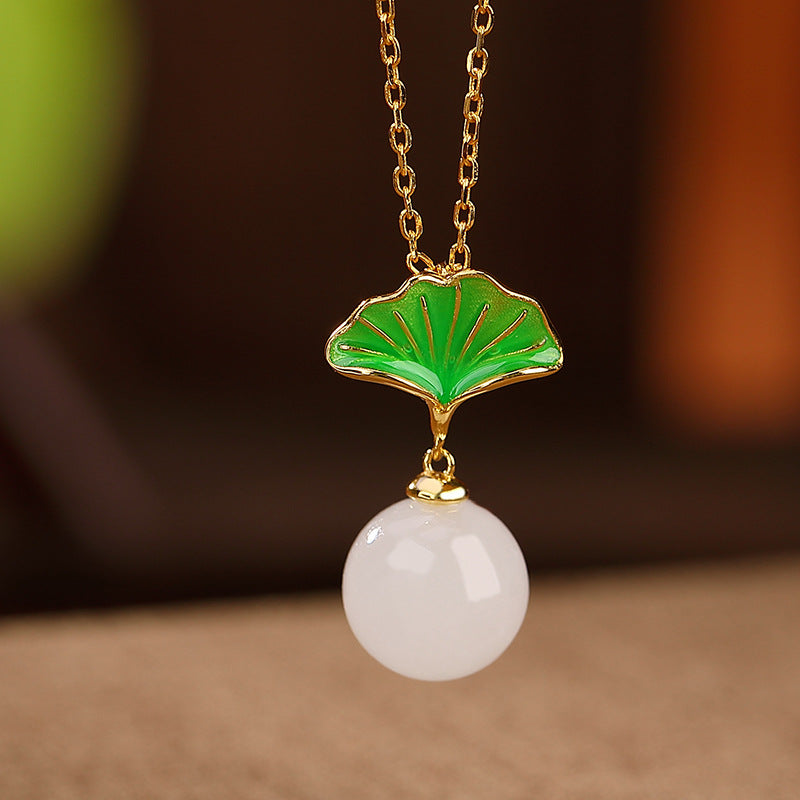 S925 sterling silver gold-plated white jade ginkgo leaf round bead earrings necklace  Pastoral fresh temperament female necklace