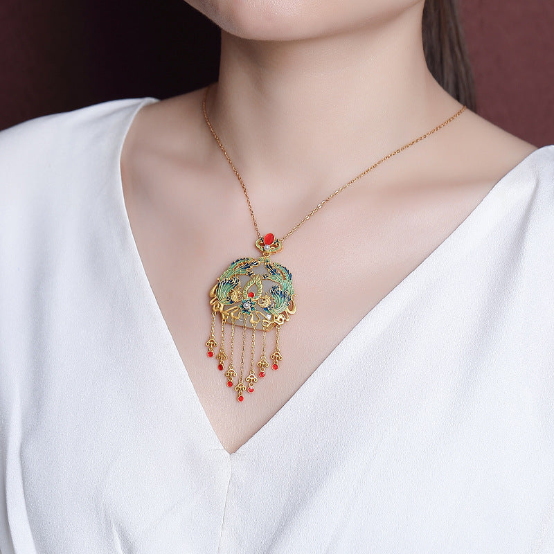 S925 sterling silver gold-plated Hetian jade national tide cloisonne phoenix tassel pendant