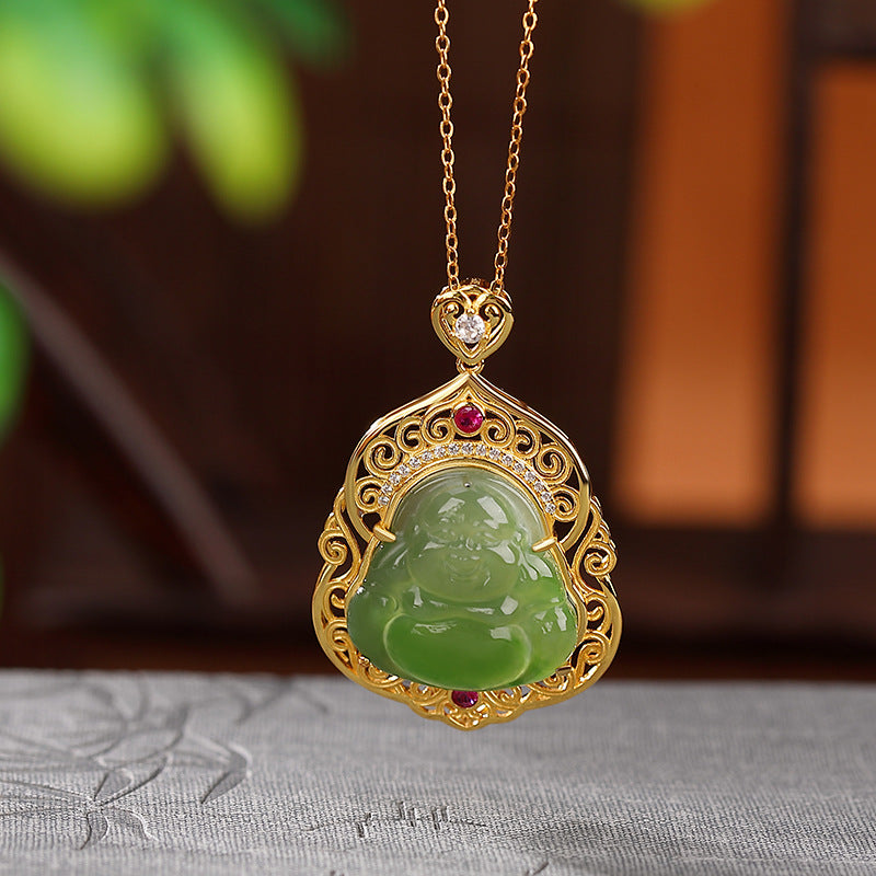 Natural Hetian Jade Laughing Buddha Blessing Abundance Necklace Pendant