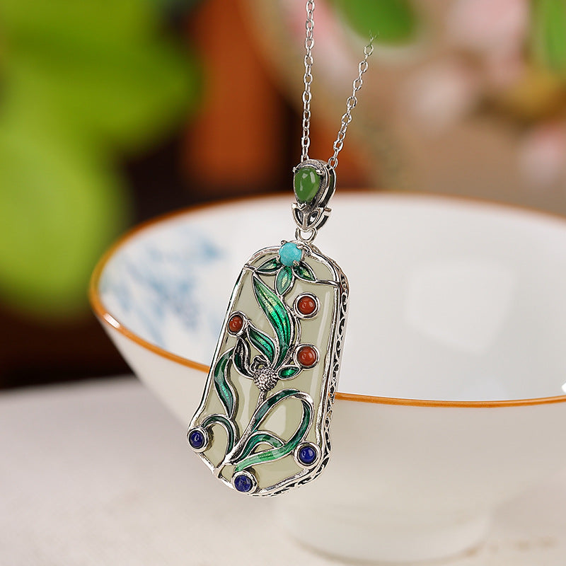 S925 sterling silver gold-plated Hetian jade national tide cloisonné pendant Ancient style enamel leaf pendant