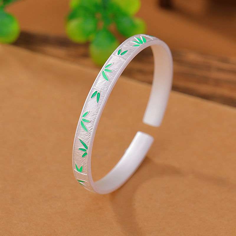 Pure Silver 999.9 Ancient Silver Bamboo Leaf Bracelet Enamel Craft Simple and Fashionable Open Bracelet