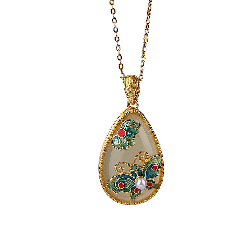 S925 sterling silver gold-plated cloisonne and Hetian jade butterfly pearl pendant