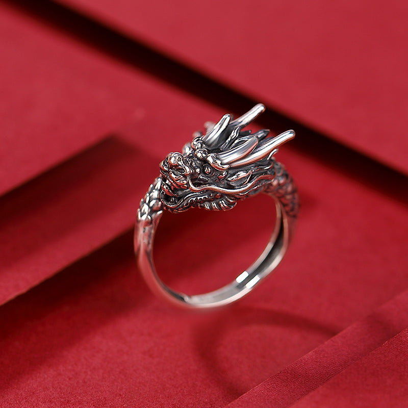 S999 sterling silver retro distressed domineering dragon ring  Unisex open ring for the dragon in the birth year