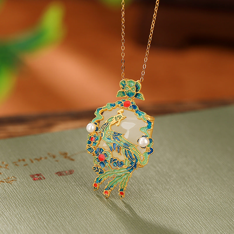 S925 sterling silver Hetian jade cloisonne phoenix pendant vintage elegant pearl necklace