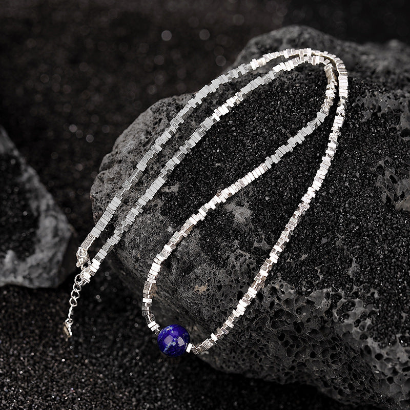 S925 sterling silver lapis lazuli broken silver round bead bracelet  Fashionable light luxury silver jewelry broken silver necklace