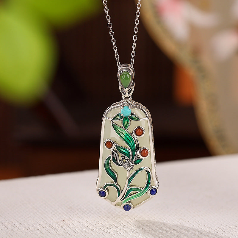 S925 sterling silver gold-plated Hetian jade national tide cloisonné pendant Ancient style enamel leaf pendant