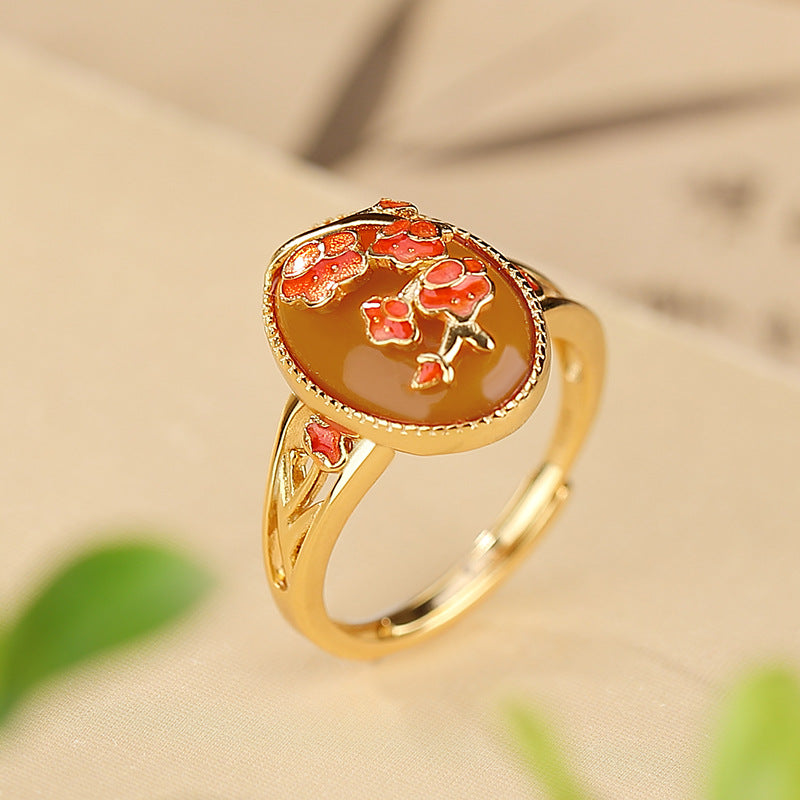 S925 sterling silver gold-plated beeswax enamel peach blossom hollow ring