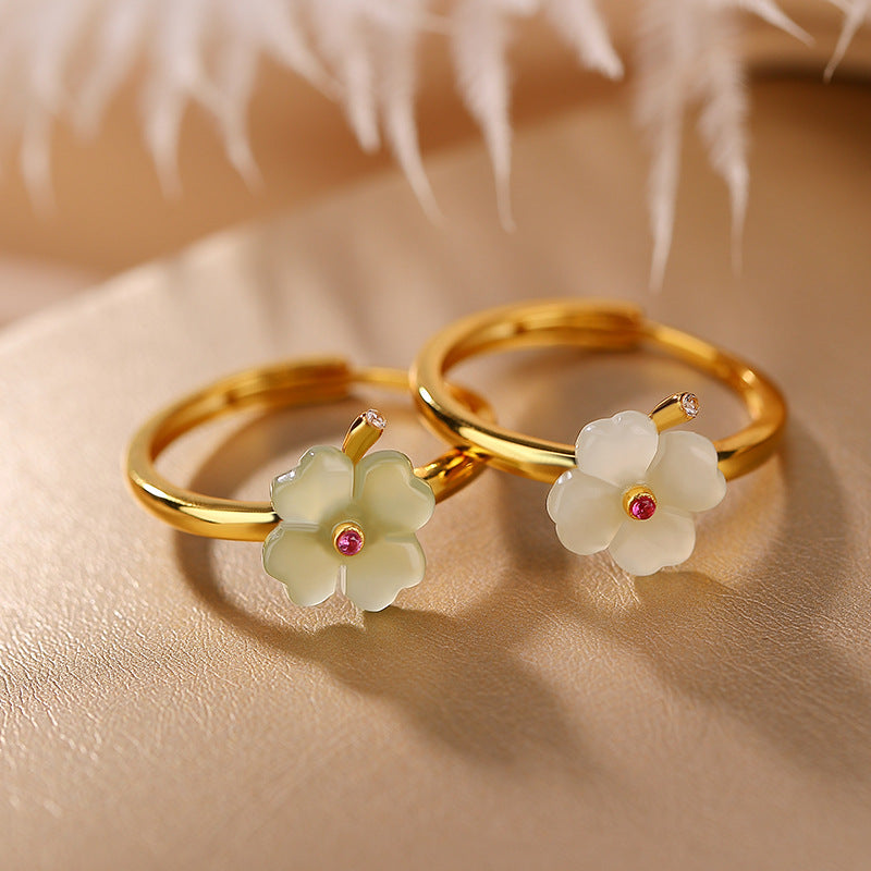 S925 sterling silver gold-plated Hetian jade lucky four-leaf clover ring  Fashionable and versatile open ring