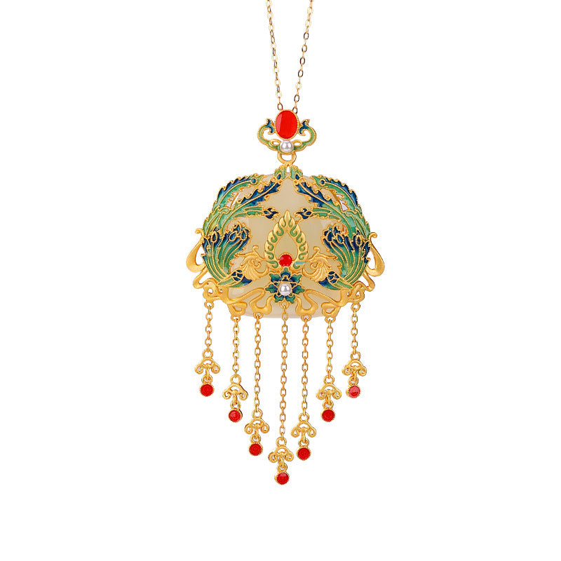 S925 sterling silver gold-plated Hetian jade national tide cloisonne phoenix tassel pendant