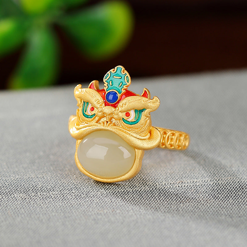 S925 sterling silver gold-plated Hetian jade enamel lion ring  Chinese style open ring  Creative gift