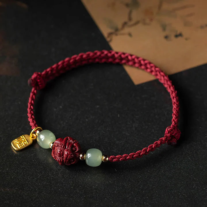 Natural Cinnabar Chinese Zodiac Hetian Jade Fu Character Luck Rope Bracelet