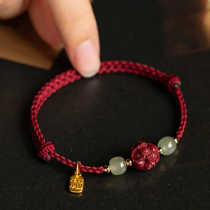 Natural Cinnabar Chinese Zodiac Hetian Jade Fu Character Luck Rope Bracelet