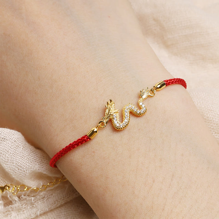 925 Sterling Silver Year Of The Dragon Auspicious Golden Dragon Luck Red Rope Chain Bracelet