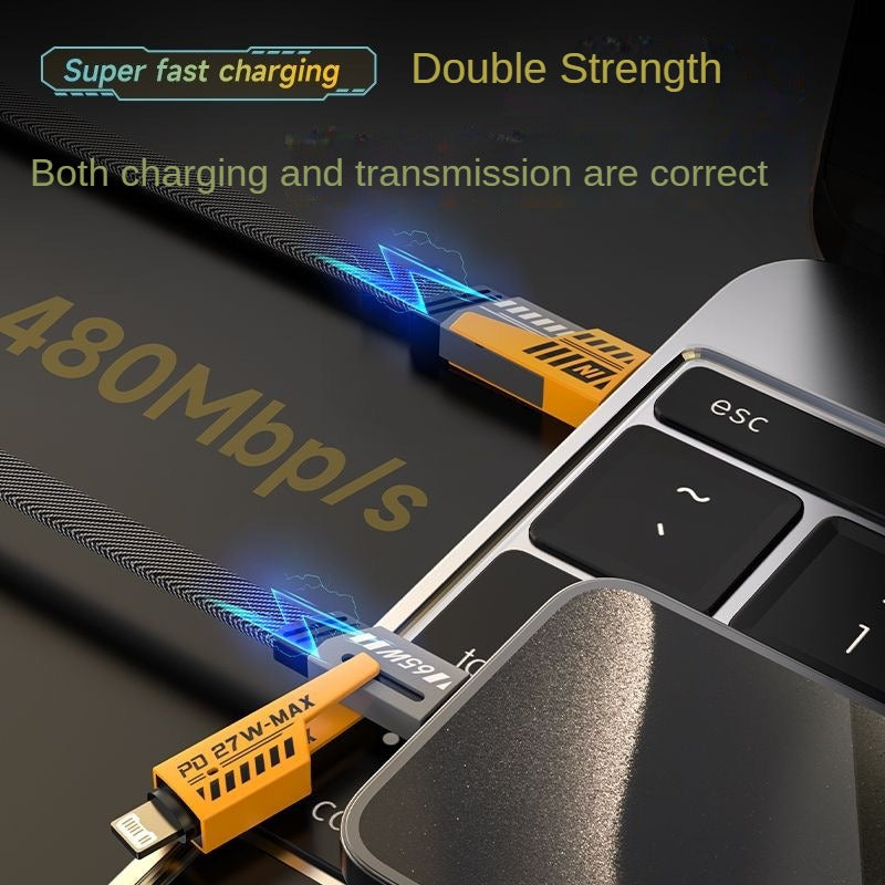 Yellow Mecha 4-in-1 Data Cable - Dual Fast Charging, 2-in-2 PD 27W Super Fast Charge, Multi-Function Switch, Available in 1m, 1.5m, and 2m Lengths