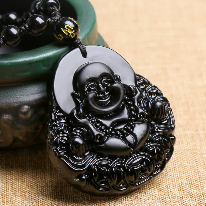 Laughing Buddha Black Obsidian Strength Protection Pendant Necklace