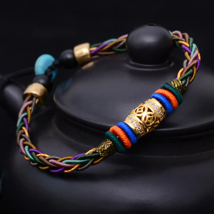 Tibetan Handmade Eight Thread Knot Copper Coin Luck Weave String Bracelet