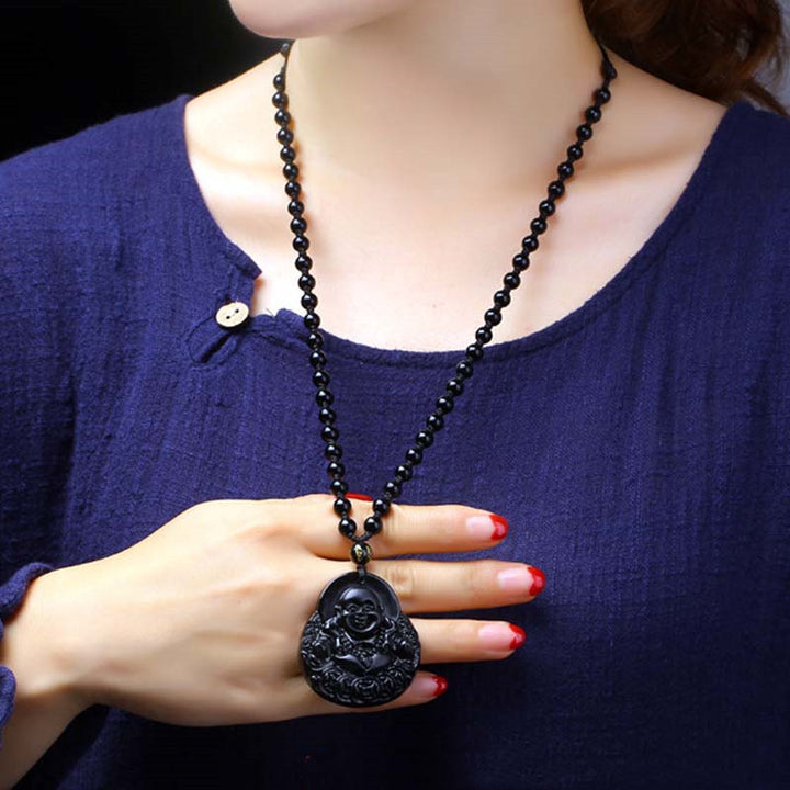 Laughing Buddha Black Obsidian Strength Protection Pendant Necklace