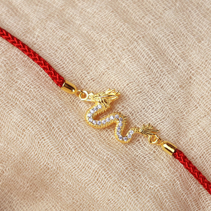 925 Sterling Silver Year Of The Dragon Auspicious Golden Dragon Luck Red Rope Chain Bracelet